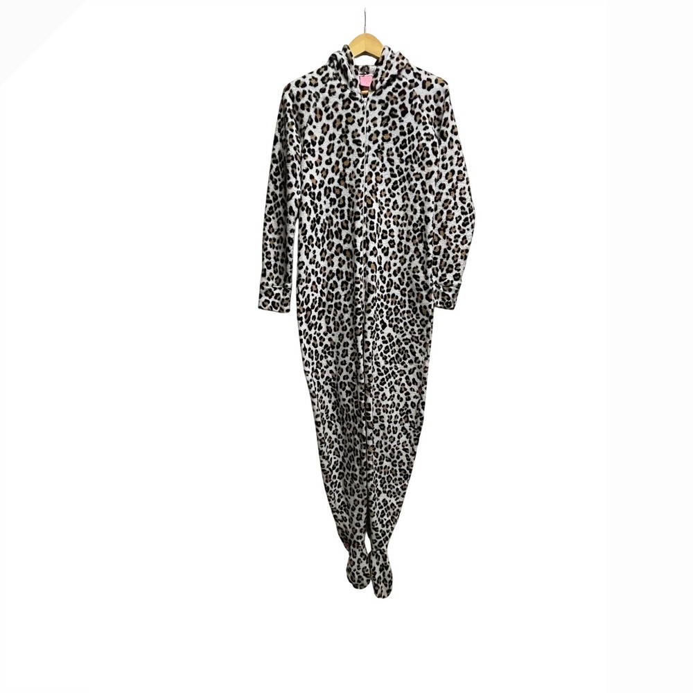 Juicy Couture Leopard Print Sherpa Fleece Hooded Onesie Pajamas Medium Y2K